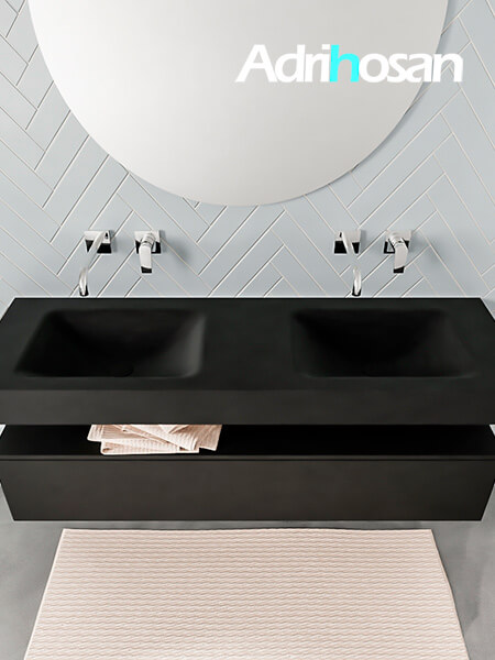 Mueble suspendido ALAN 150 cm de 1 cajón urban. Encimera con lavabo CLOUD doble sin orificio urban 3 Mueble de baño sin patas Alan negro encimera salid surface