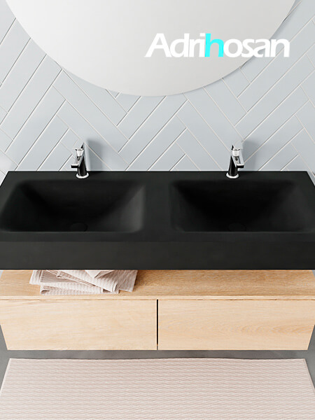 Mueble suspendido ALAN 120 cm de 2 cajones roble lavabo. Encimera con lavabo CLOUD doble 2 orificios urban 3 muebles de baño modernos con lavabo de Corian
