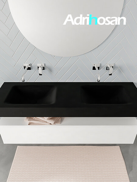 Mueble suspendido ALAN 150 cm de 1 cajón blanco mate. Encimera con lavabo CLOUD doble sin orificio urban 2 muebles de baño con lavabo de solid surface negro