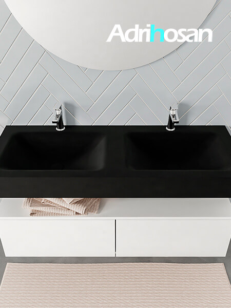 Mueble suspendido ALAN 120 cm de 2 cajones blanco mate. Encimera con lavabo CLOUD doble 2 orificios urban 2 muebles de baño con lavabo de solid surface negro