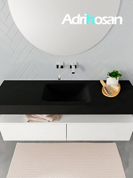 Mueble suspendido ALAN 150 cm de 2 cajones blanco mate. Encimera con lavabo CLOUD centro sin orificio urban 2 muebles de baño con lavabo de solid surface negro