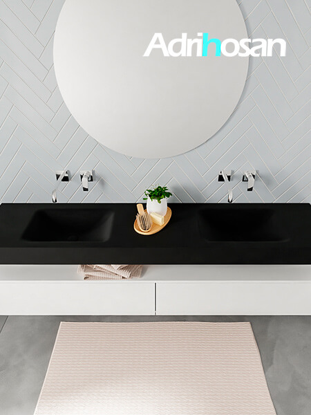 Mueble suspendido ALAN 200 cm de 2 cajones blanco mate. Encimera con lavabo CLOUD doble sin orificio urban 2 muebles de baño con lavabo de solid surface negro