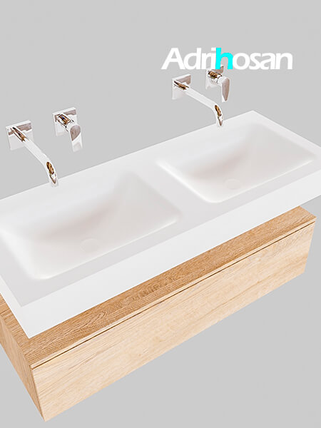 Mueble suspendido ALAN 120 cm de 1 cajón roble lavabo. Encimera con lavabo CLOUD doble sin orificio blanco mate 3 muebles de baño suspendidos de alta gama