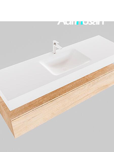 Mueble suspendido ALAN 150 cm de 1 cajón roble lavabo. Encimera con lavabo CLOUD centro 1 orificio blanco mate 3 muebles de baño suspendidos de alta gama