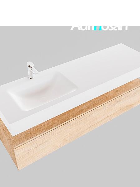 Mueble suspendido ALAN 150 cm de 1 cajón roble lavabo. Encimera con lavabo CLOUD izquierda 1 orificio blanco mate 3 muebles de baño suspendidos de alta gama