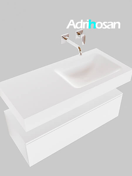 Mueble suspendido ALAN 100 cm de 1 cajón blanco mate. Encimera con lavabo CLOUD derecha sin orificio blanco mate 4 Mueble de baño suspendido moderno con encimera de solid surface