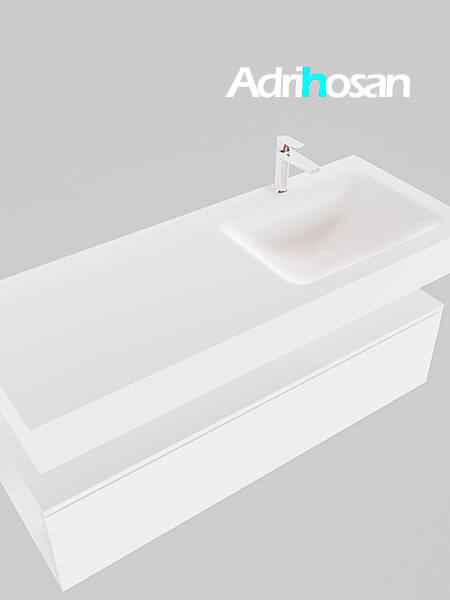 Mueble suspendido ALAN 120 cm de 1 cajón blanco mate. Encimera con lavabo CLOUD derecha 1 orificio blanco mate 4 Mueble de baño suspendido moderno con encimera de solid surface