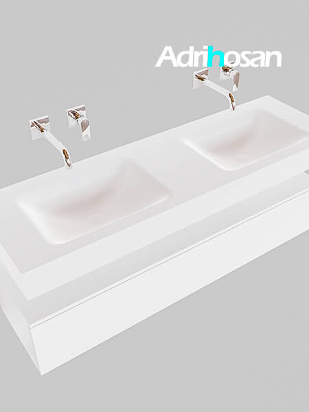 Mueble suspendido ALAN 150 cm de 1 cajón blanco mate. Encimera con lavabo CLOUD doble sin orificio blanco mate 4 Mueble de baño suspendido moderno con encimera de solid surface