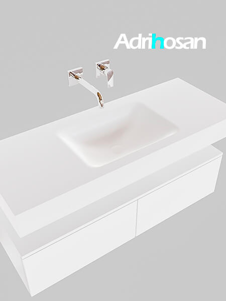 Mueble suspendido ALAN 120 cm de 2 cajones blanco mate. Encimera con lavabo CLOUD centro sin orificio blanco mate 4 Mueble de baño suspendido moderno con encimera de solid surface
