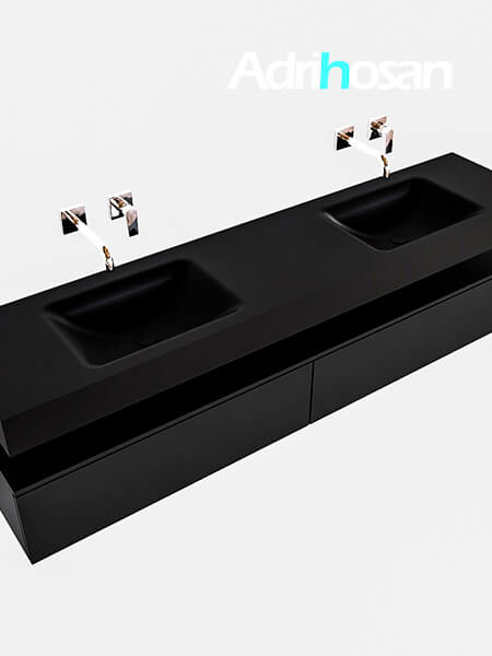 Mueble suspendido ALAN 200 cm de 2 cajones urban. Encimera con lavabo CLOUD doble sin orificio urban 4 muebles de baño con lavabo de solid surface negro
