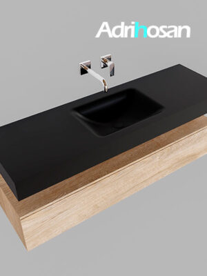 Badmeubel met solid surface wastafel model Google ALAN zwart kast washed oak0016 1 | Mueble suspendido ALAN 150 cm de 1 cajón roble lavabo. Encimera con lavabo CLOUD centro sin orificio urban