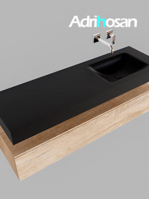 Badmeubel met solid surface wastafel model Google ALAN zwart kast washed oak0018 1 | Mueble suspendido ALAN 150 cm de 1 cajón roble lavabo. Encimera con lavabo CLOUD derecha sin orificio urban