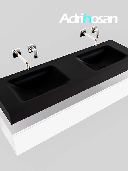 Mueble suspendido ALAN 150 cm de 1 cajón blanco mate. Encimera con lavabo CLOUD doble sin orificio urban 3 muebles de baño con lavabo de solid surface negro