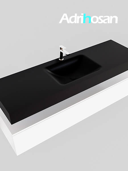 Mueble suspendido ALAN 150 cm de 1 cajón blanco mate. Encimera con lavabo CLOUD centro 1 orificio urban 3 muebles de baño con lavabo de solid surface negro