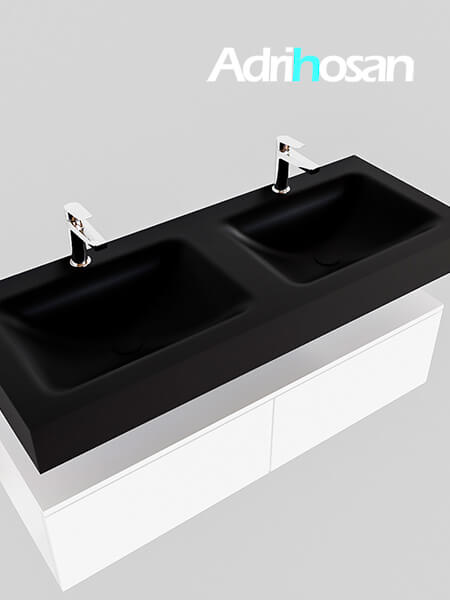 Mueble suspendido ALAN 120 cm de 2 cajones blanco mate. Encimera con lavabo CLOUD doble 2 orificios urban 3 muebles de baño con lavabo de solid surface negro