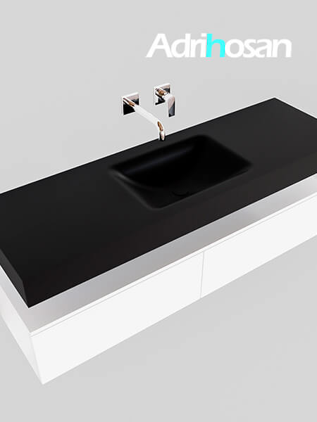 Mueble suspendido ALAN 150 cm de 2 cajones blanco mate. Encimera con lavabo CLOUD centro sin orificio urban 3 muebles de baño con lavabo de solid surface negro
