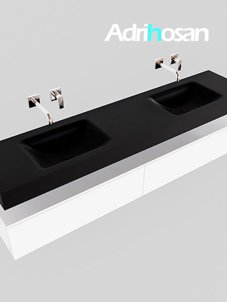 Mueble suspendido ALAN 200 cm de 2 cajones blanco mate. Encimera con lavabo CLOUD doble sin orificio urban 3 muebles de baño con lavabo de solid surface negro