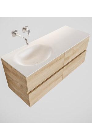 Mueble de baño suspendido Vica 150 roble 4 cajones con orificios. Un mueble de baño de apertura suave, encimera para grifo sobre encimera y seno doble