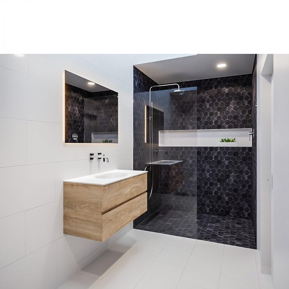 Mueble de baño 120 cm Wood roble natural con 2 cajones, lavabo de Solid surface seno izquierdo con 0 orificio(s) para el grifo. 8 Mueble de baño suspendido Vica 80 2 cajones