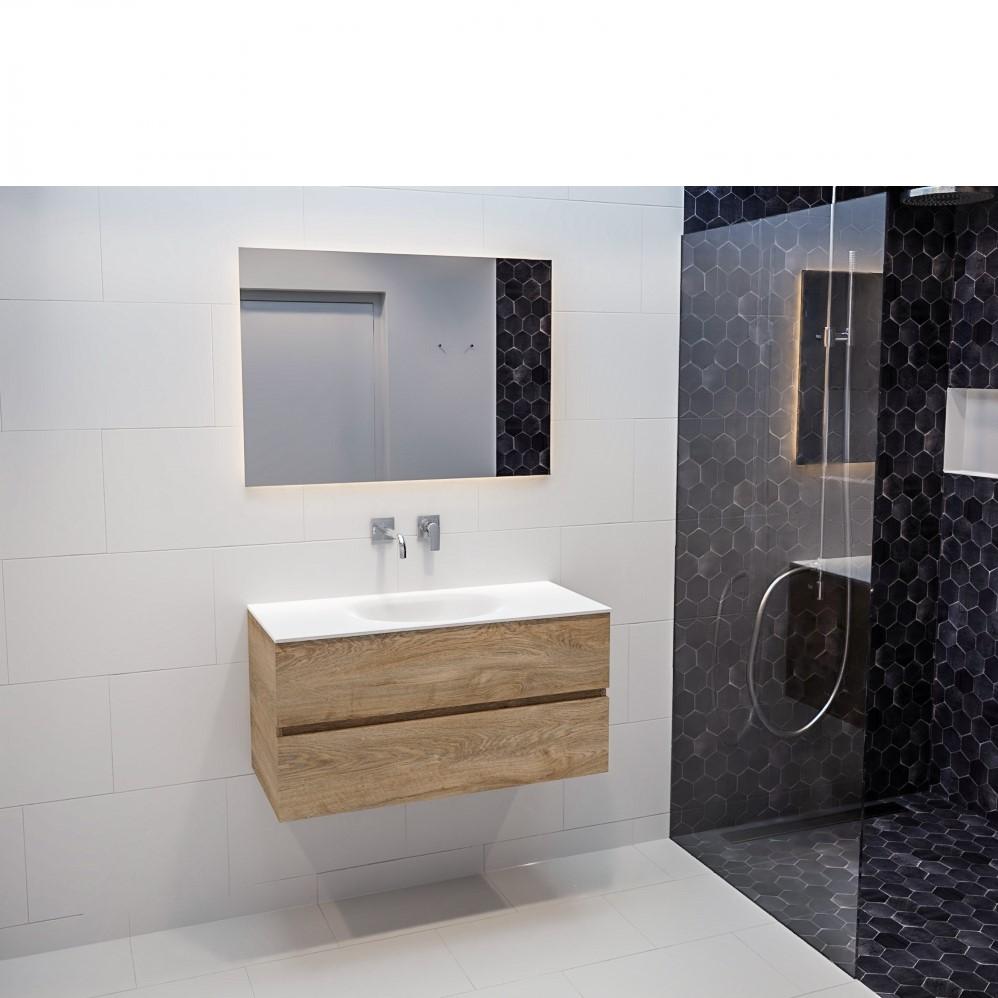 Mueble de baño 120 cm Wood roble natural con 2 cajones, lavabo de Solid surface seno izquierdo con 0 orificio(s) para el grifo. 9 Mueble de baño suspendido Vica 80 2 cajones