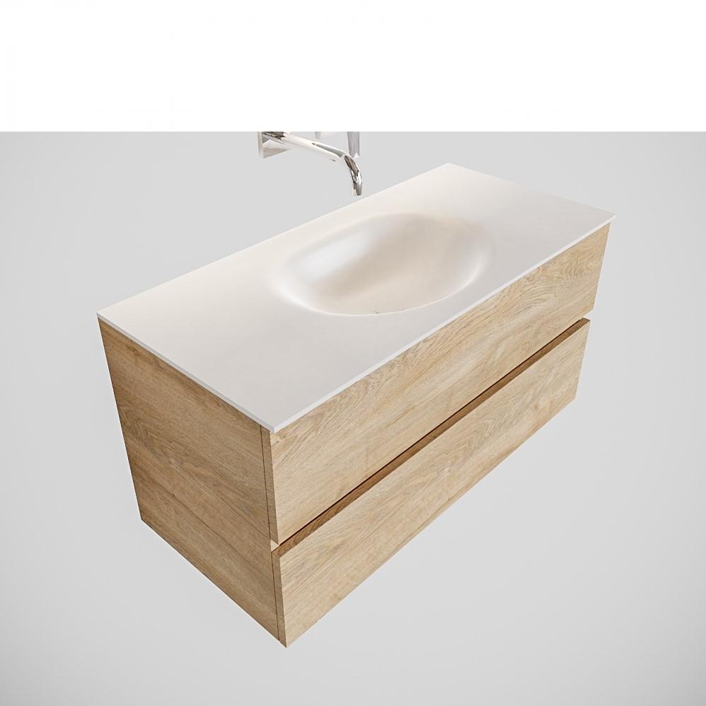 Mueble de baño 120 cm Wood roble natural con 2 cajones, lavabo de Solid surface seno izquierdo con 0 orificio(s) para el grifo. 10 Mueble de baño suspendido Vica 80 2 cajones