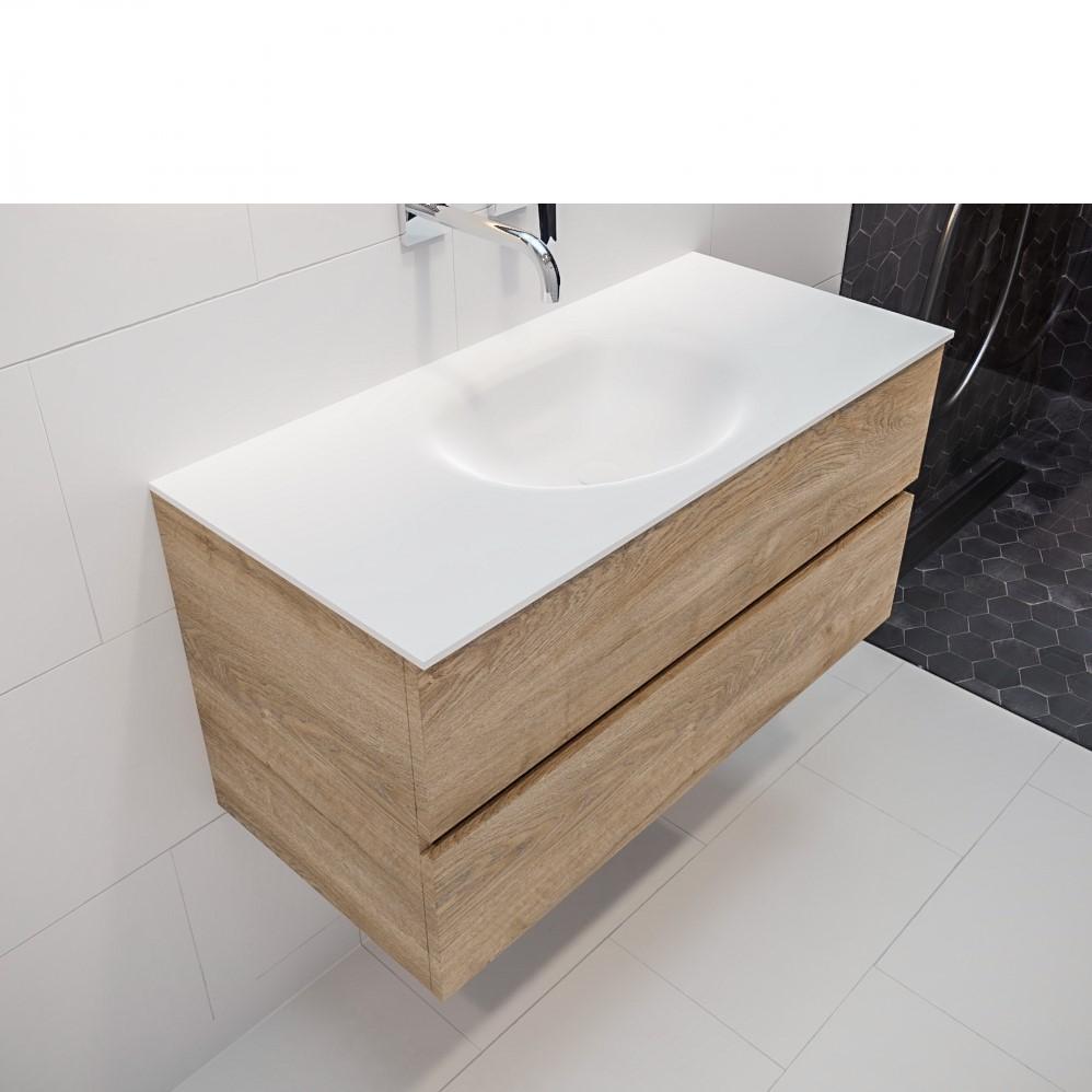 Mueble de baño 120 cm Wood roble natural con 2 cajones, lavabo de Solid surface seno izquierdo con 0 orificio(s) para el grifo. 7 Mueble de baño suspendido Vica 80 2 cajones en acabado Wood roble natural
