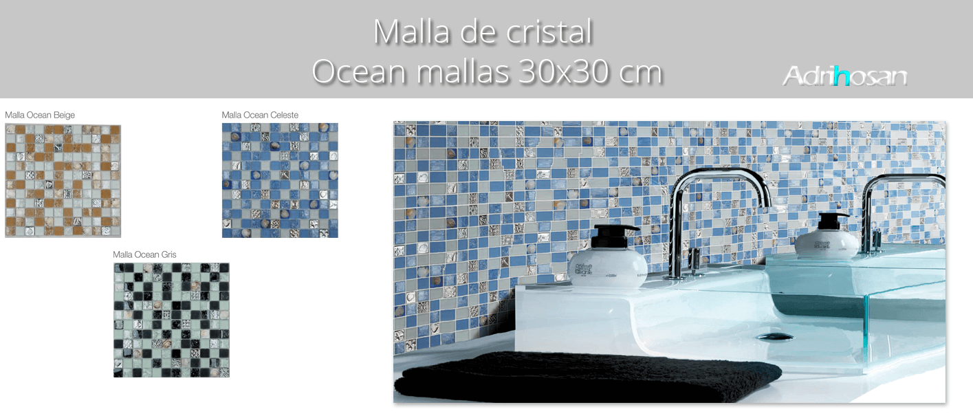 Malla de cristal Ocean 30x30 cm. Malla de cristal de vivos colores con insertos preciosos para realizar decoraciones en baños o cocinas.