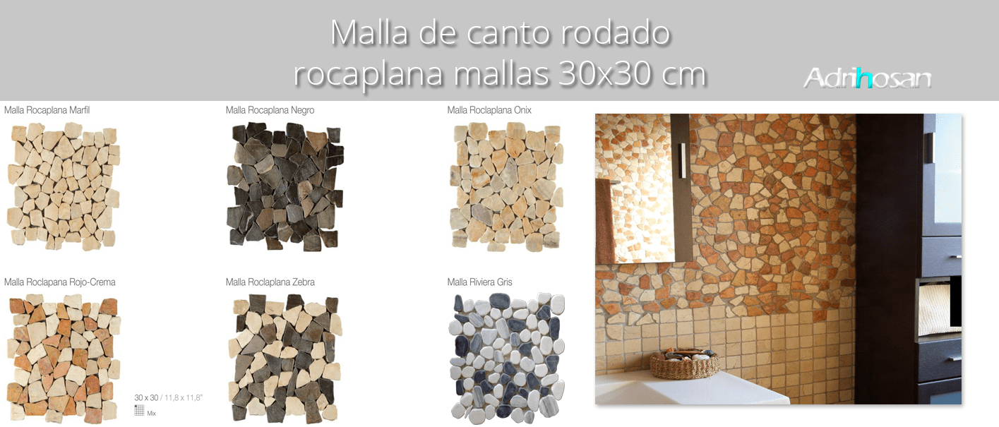 Malla de piedra canto rodado Rocaplana 30x30 cm. Canto rodado aplanado de piedra natural ideal para decoraciones de platos de ducha y exteriores.