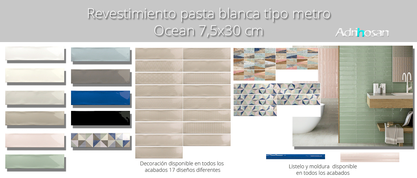 Revestimiento pasta blanca metro Ocean 7.5x30 cm. Un azulejo clásico fabricado con pasta blanca ideal para decoraciones retro y vintage.