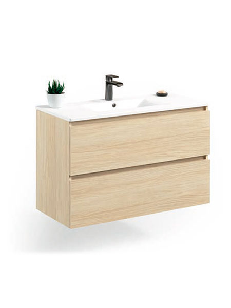 Mueble de baño suspendido en madera clara con lavabo blanco integrado y dos cajones