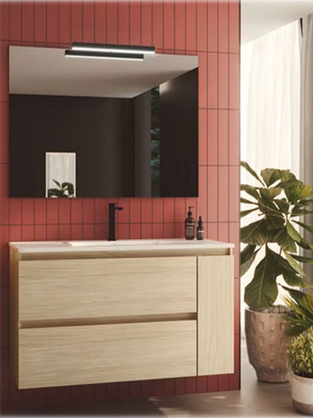 mueble baño suspendido madera lavabo moderno espejo azulejos rojos decoración planta