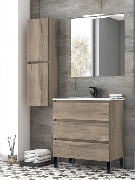 Mueble Baño al Suelo con Lavabo Cerámico y Patas, 70cm, 3 cajones 1  Puerta con Cierre Amortiguado y Organizador, Roble Natural