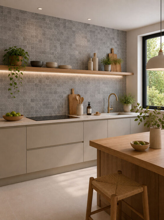 Cocina contemporánea con salpicadero revestido en mosaico porcelánico gris efecto piedra.