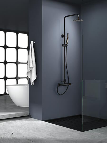 Columna de ducha monomando milos negro oro rosa.