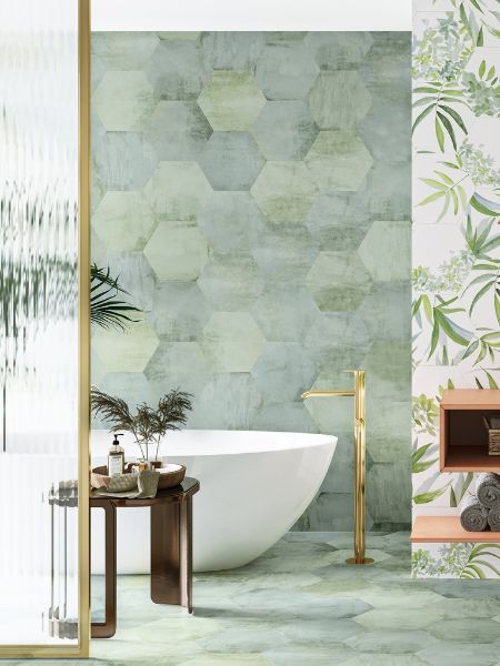 Pavimento hexagonal porcelánico Oasis Aquamarine 28.5 x 33 cm. Precios irresistibles!!! Una decoración gráfica inspirada en la tendencia tropical.