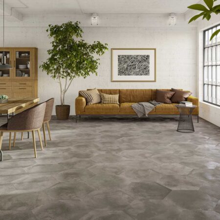 Variados patrones de instalación del Azulejo Porcelánico Hexagonal Atelier Charcoal, demostrando su flexibilidad en diseño