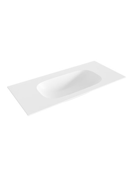 Encimera asuan blanca 90 cm seno centrado sobre mueble solid surface