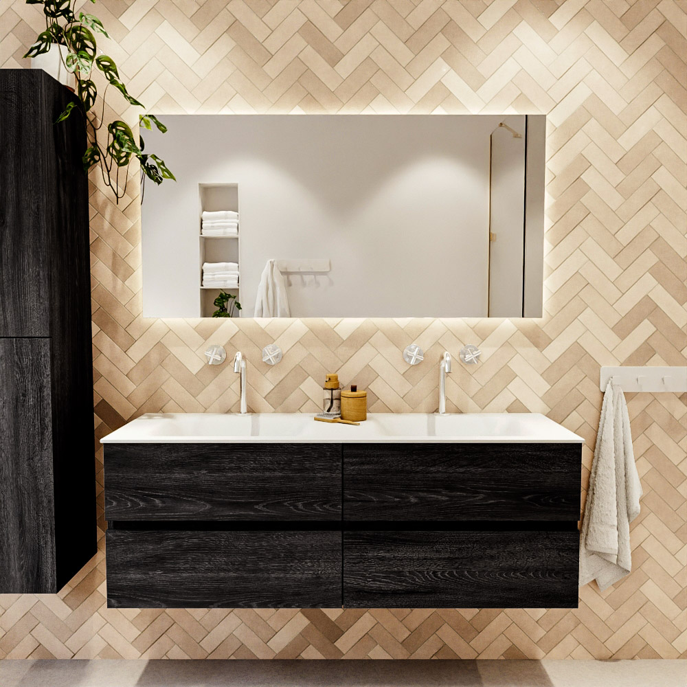 MONDIAZ VICA 140cm mueble de baño Antracite 4 cajones. Lavabo CLOUD Doble 2 orificios, color Talc. 2 color Talc.