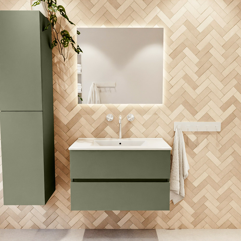 MONDIAZ VICA 80cm mueble de baño Army 2 cajones. Lavabo DENIA Centro 1 orificio color Blanco brillo con espejo LED. 2 MONDIAZ VICA 80cm mueble de baño Army 2 cajones. Lavabo DENIA Centro 1 orificio color Blanco brillo con espejo LED. - Imagen 2