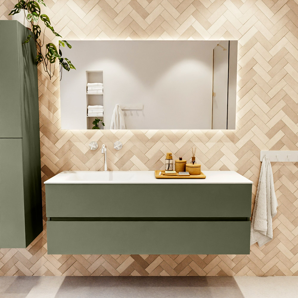 MONDIAZ VICA 140cm mueble de baño Army 2 cajones. Lavabo MOON Izquierda 1 orificio, color Talc. 2 color Talc.