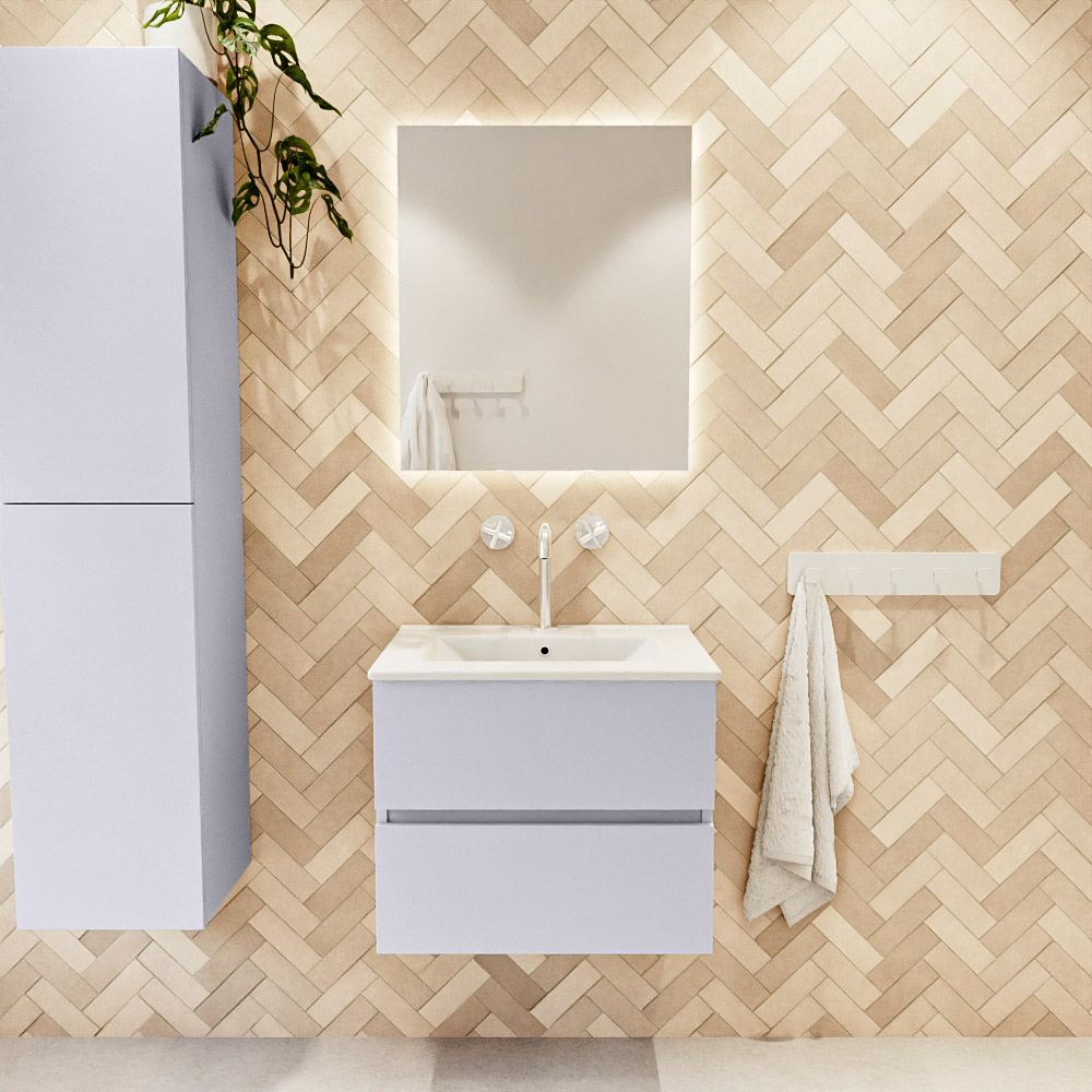 MONDIAZ VICA 60cm mueble de baño Cale 2 cajones. Lavabo DENIA Centro 1 orificio color Blanco brillo con espejo LED. 2 MONDIAZ VICA 60cm mueble de baño Cale 2 cajones. Lavabo DENIA Centro 1 orificio color Blanco brillo con espejo LED. - Imagen 2