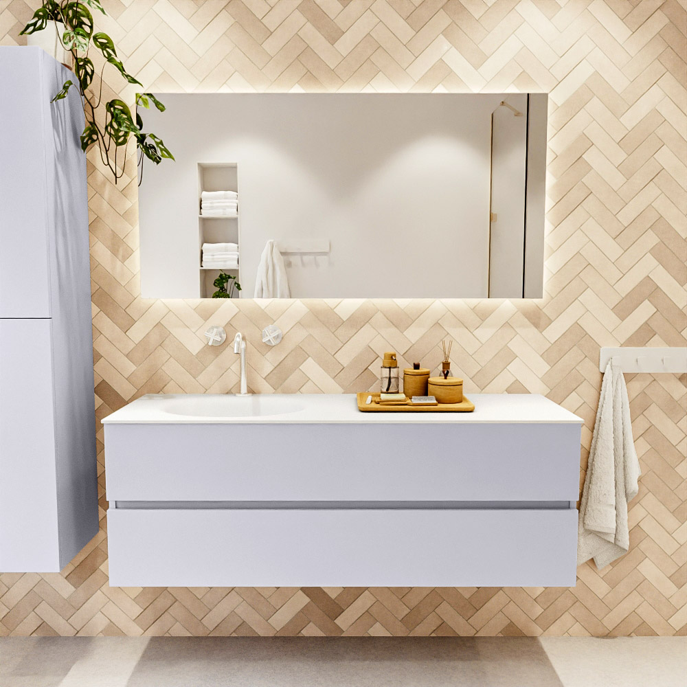 MONDIAZ VICA 140cm mueble de baño Cale 2 cajones. Lavabo MOON Izquierda 1 orificio, color Talc. 2 color Talc.