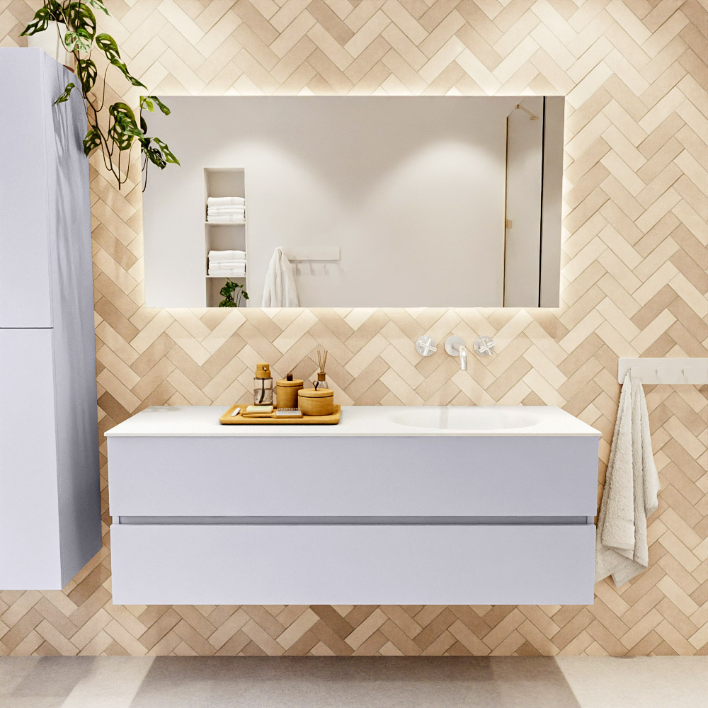 MONDIAZ VICA 140cm mueble de baño Cale 2 cajones. Lavabo MOON Derecho sin orificio, color Talc. 2 color Talc.