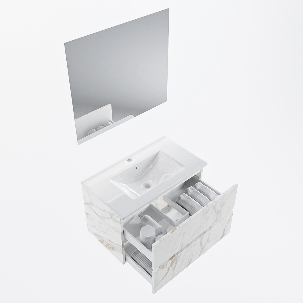 MONDIAZ VICA 80cm mueble de baño Carrara 2 cajones. Lavabo DENIA Centro 1 orificio color Blanco brillo con espejo LED. 7 MONDIAZ VICA 80cm mueble de baño Carrara 2 cajones. Lavabo DENIA Centro 1 orificio color Blanco brillo con espejo LED. - Imagen 7