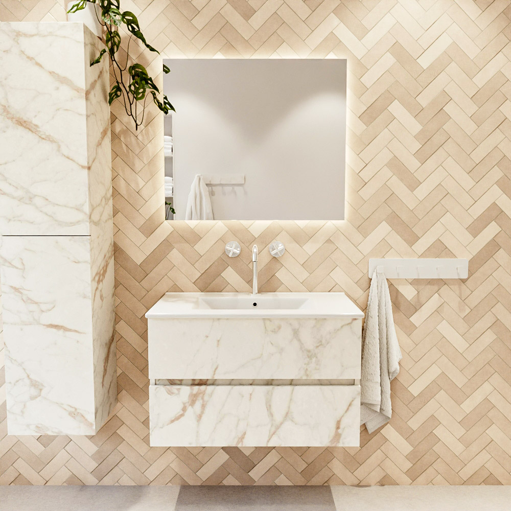 MONDIAZ VICA 80cm mueble de baño Carrara 2 cajones. Lavabo DENIA Centro 1 orificio color Blanco brillo con espejo LED. 2 MONDIAZ VICA 80cm mueble de baño Carrara 2 cajones. Lavabo DENIA Centro 1 orificio color Blanco brillo con espejo LED. - Imagen 2