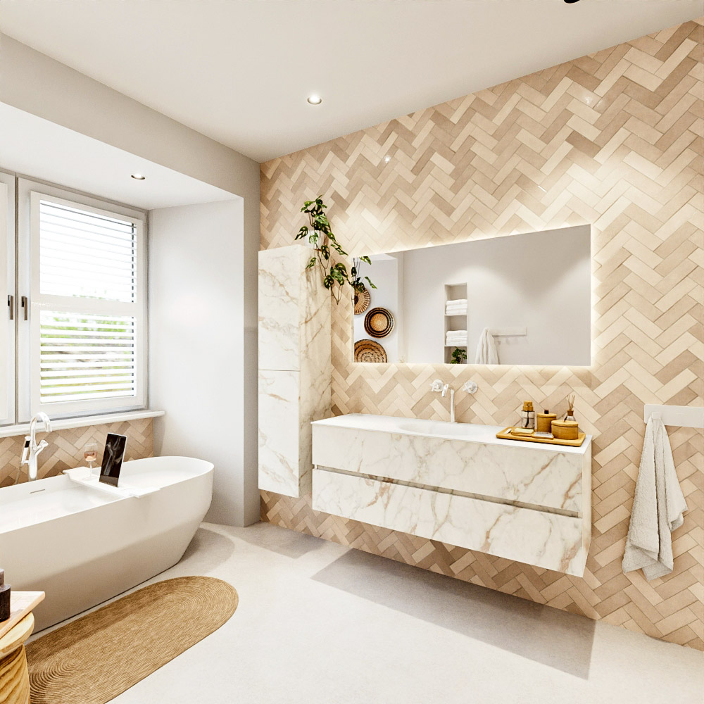 MONDIAZ VICA 140cm mueble de baño Carrara 2 cajones. Lavabo MOON Centro 1 orificio color Talc con espejo LED. 4 MONDIAZ VICA 140cm mueble de baño Carrara 2 cajones. Lavabo MOON Centro 1 orificio color Talc con espejo LED. - Imagen 4
