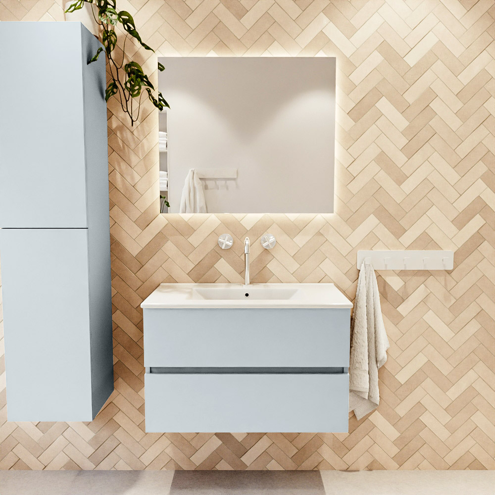MONDIAZ VICA 80cm mueble de baño Clay 2 cajones. Lavabo DENIA Centro 1 orificio color Blanco brillo con espejo LED. 2 MONDIAZ VICA 80cm mueble de baño Clay 2 cajones. Lavabo DENIA Centro 1 orificio color Blanco brillo con espejo LED. - Imagen 2