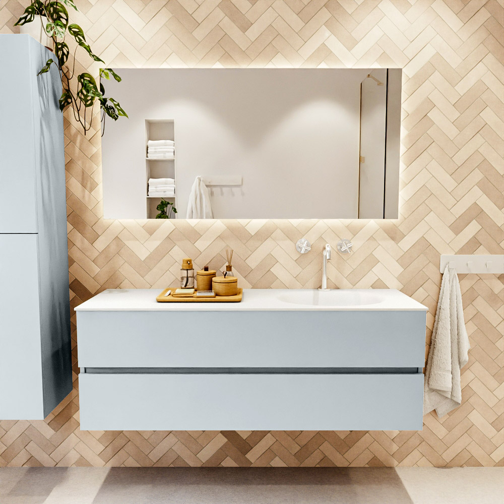 MONDIAZ VICA 140cm mueble de baño Clay 2 cajones. Lavabo MOON Derecho 1 orificio, color Talc. 2 color Talc.