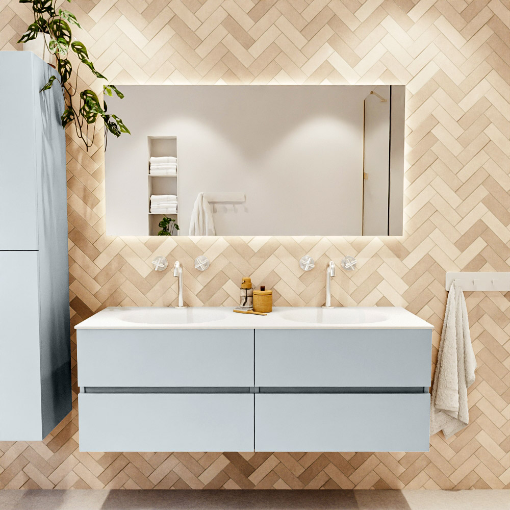 MONDIAZ VICA 140cm mueble de baño Clay 4 cajones. Lavabo MOON Doble 2 orificios, color Talc. 2 color Talc.