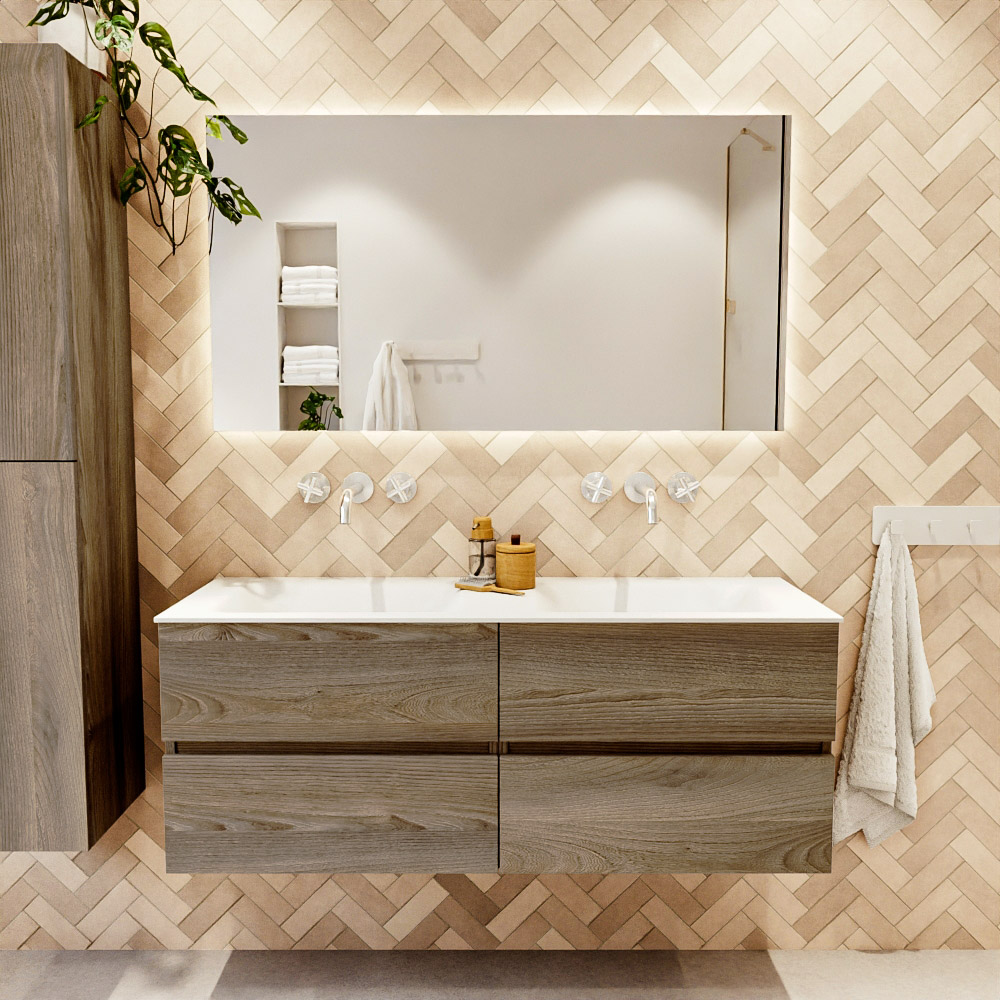 MONDIAZ VICA 130cm mueble de baño Dark Brown Grey 4 cajones. Lavabo CLOUD Doble sin orificio, color Talc. 2 color Talc.